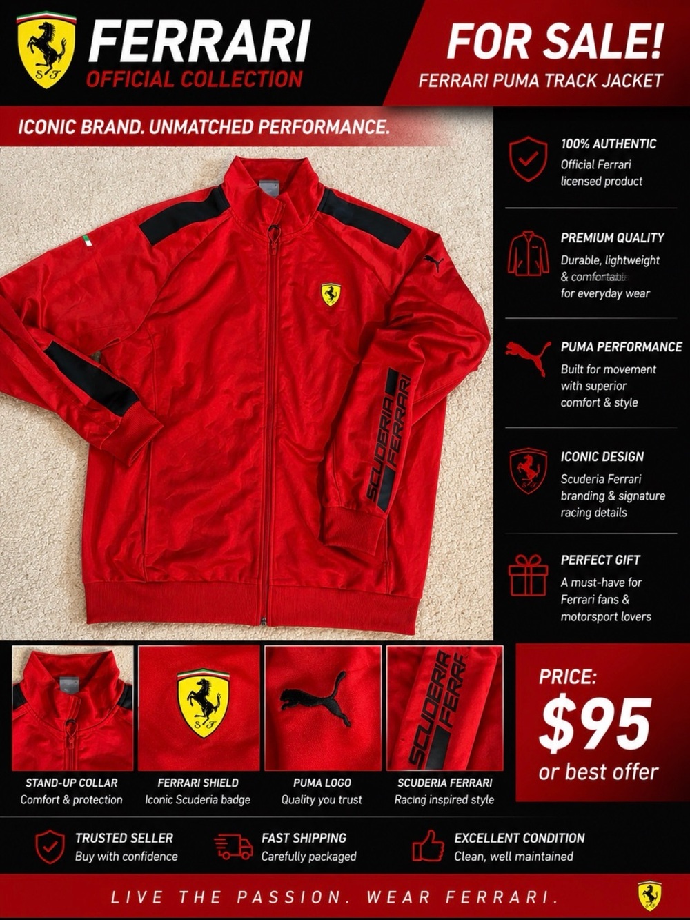New no tag authentic 100% Ferrari Scuderia Men's Red Track Jacket